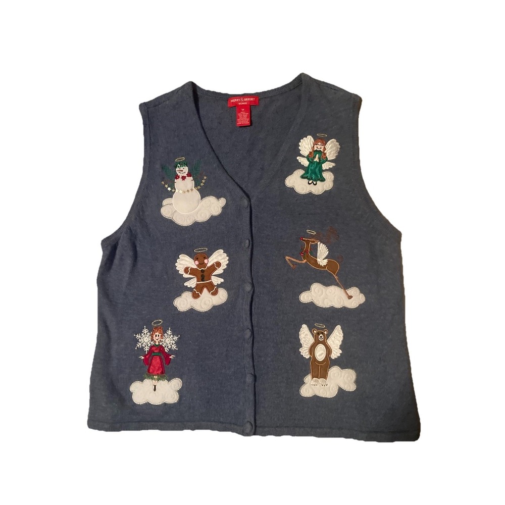 Merry & Bright Blue Christmas Angels Linen Sweater Vest‎ Holiday Size 1xl